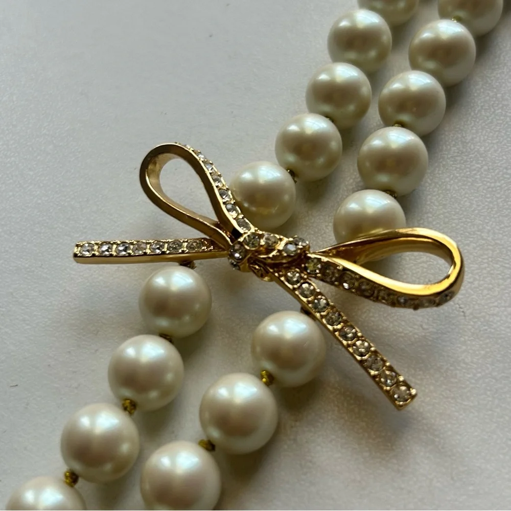 Kate Spade Double Strand Pearl Necklace with Gold Diamond Bows - Picture 4 of 8